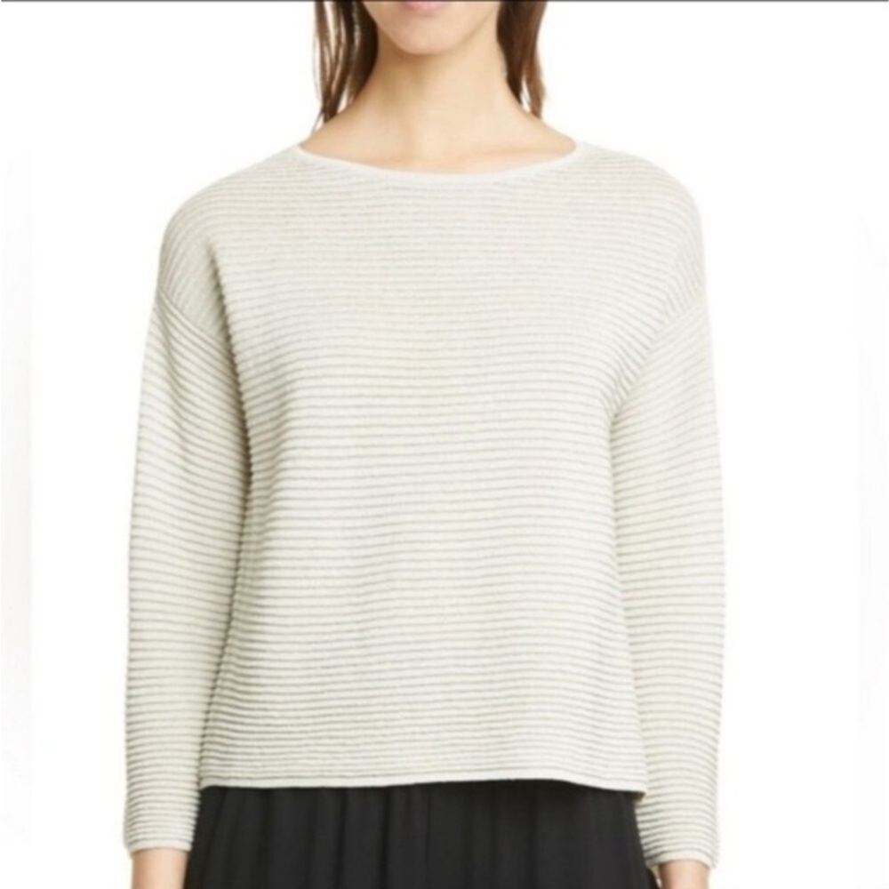 *Eileen Fisher Organic Linen Cotton Ribbed Sweater Ivory White Size Small *stain